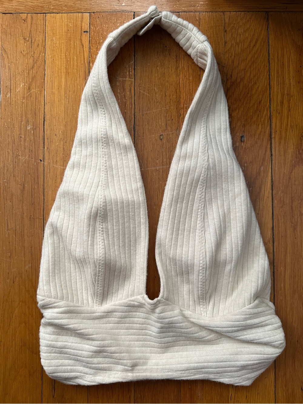 Revolve NBD Cream Ribbed Knit Plunging Neckline Halter Crop Top Sz Small Baddie